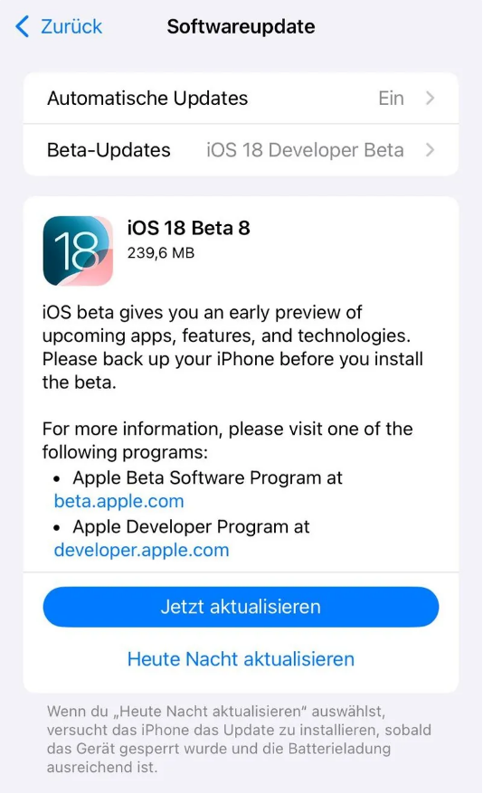 市中苹果手机维修分享苹果 iOS / iPadOS 18 开发者预览版 Beta 8 发布 